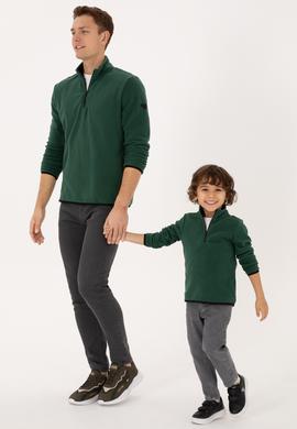 Erkek Regular Fit Koyu Yeşil Polar Yarım Fermuarlı Basic Sweatshirt - 50313777001
