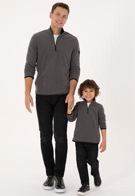 Erkek Regular Fit Gri Polar Yarım Fermuarlı Basic Sweatshirt - 50313777067