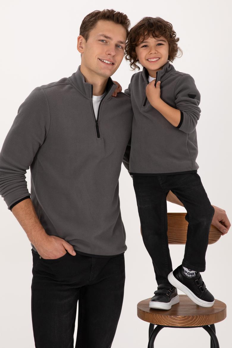 Erkek Regular Fit Gri Polar Yarım Fermuarlı Basic Sweatshirt - 50313777067