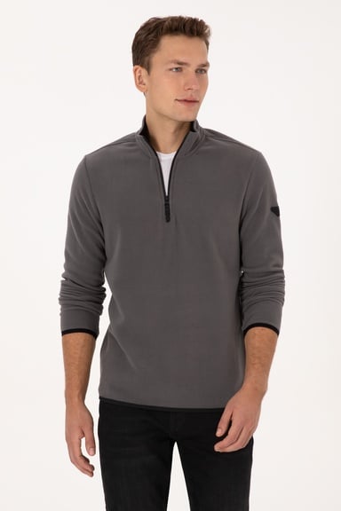 Erkek Regular Fit Gri Polar Yarım Fermuarlı Basic Sweatshirt