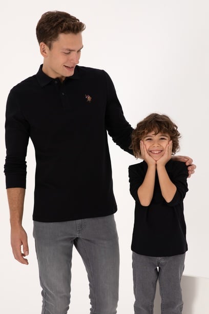 Erkek Regular Fit Polo Yaka Siyah Basic Sweatshirt