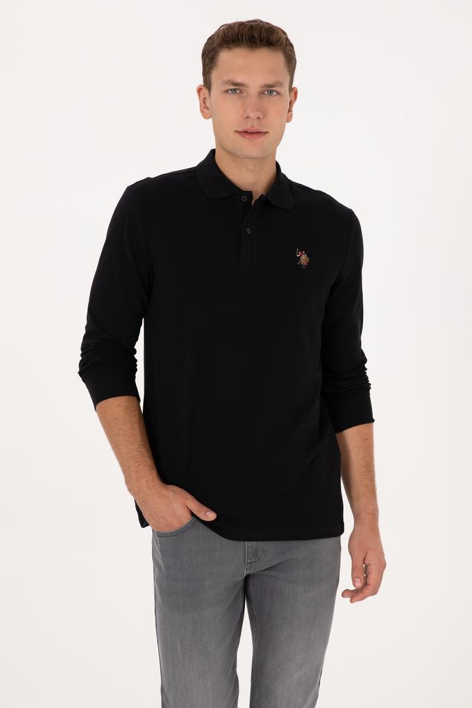 Erkek Regular Fit Polo Yaka Siyah Basic Sweatshirt