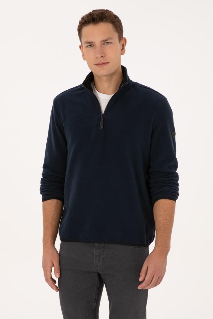 Erkek Regular Fit Lacivert Polar Yarım Fermuarlı Basic Sweatshirt