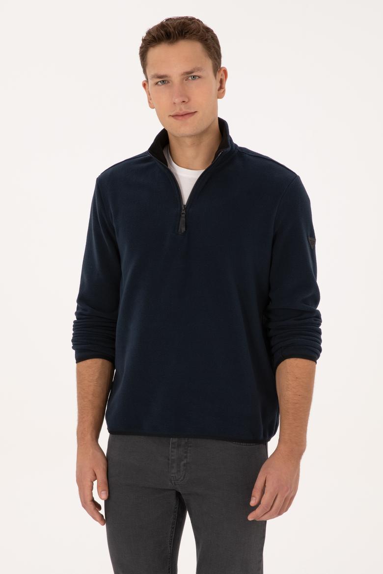 Erkek Regular Fit Lacivert Polar Yarım Fermuarlı Basic Sweatshirt