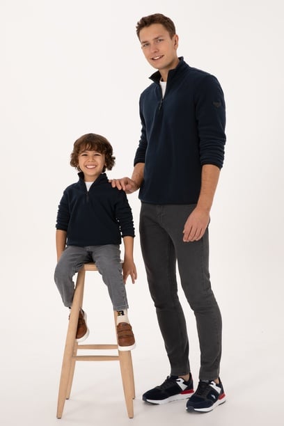 Erkek Regular Fit Lacivert Polar Yarım Fermuarlı Basic Sweatshirt