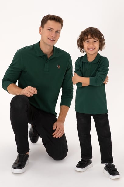 Erkek Regular Fit Polo Yaka Koyu Yeşil Basic Sweatshirt