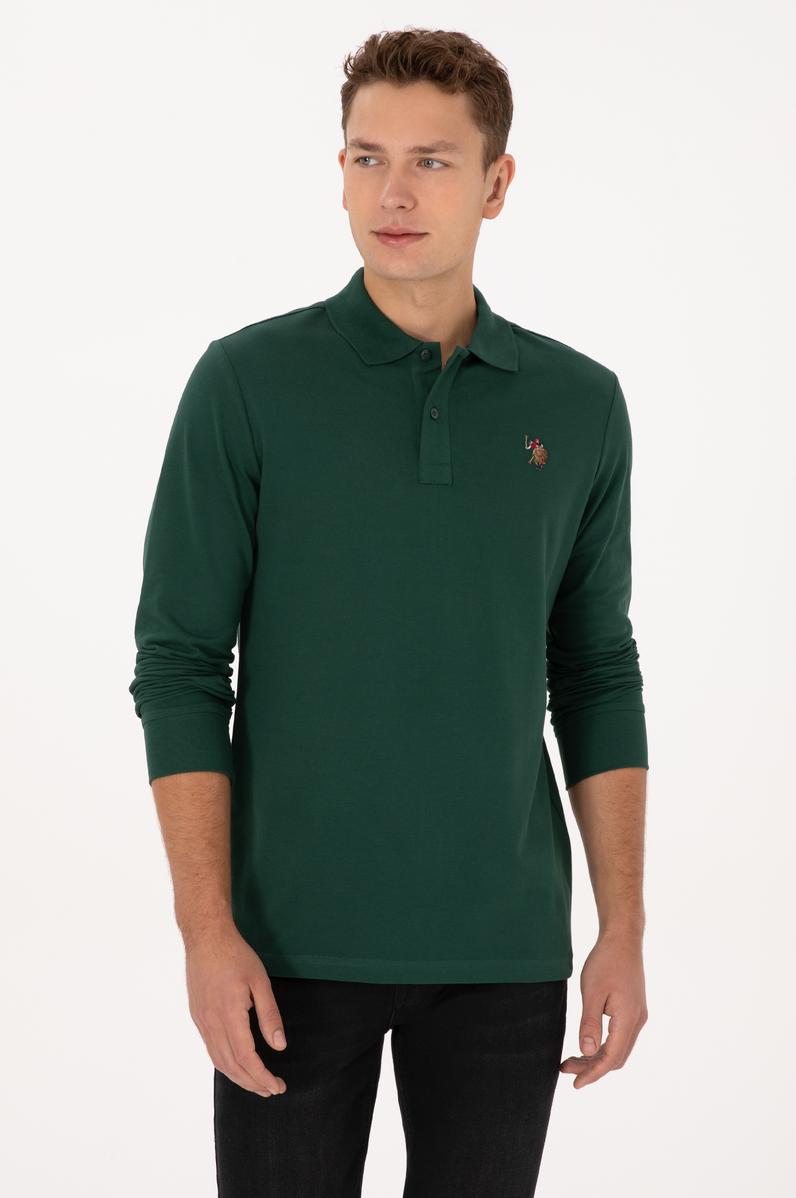 Erkek Regular Fit Polo Yaka Koyu Yeşil Basic Sweatshirt