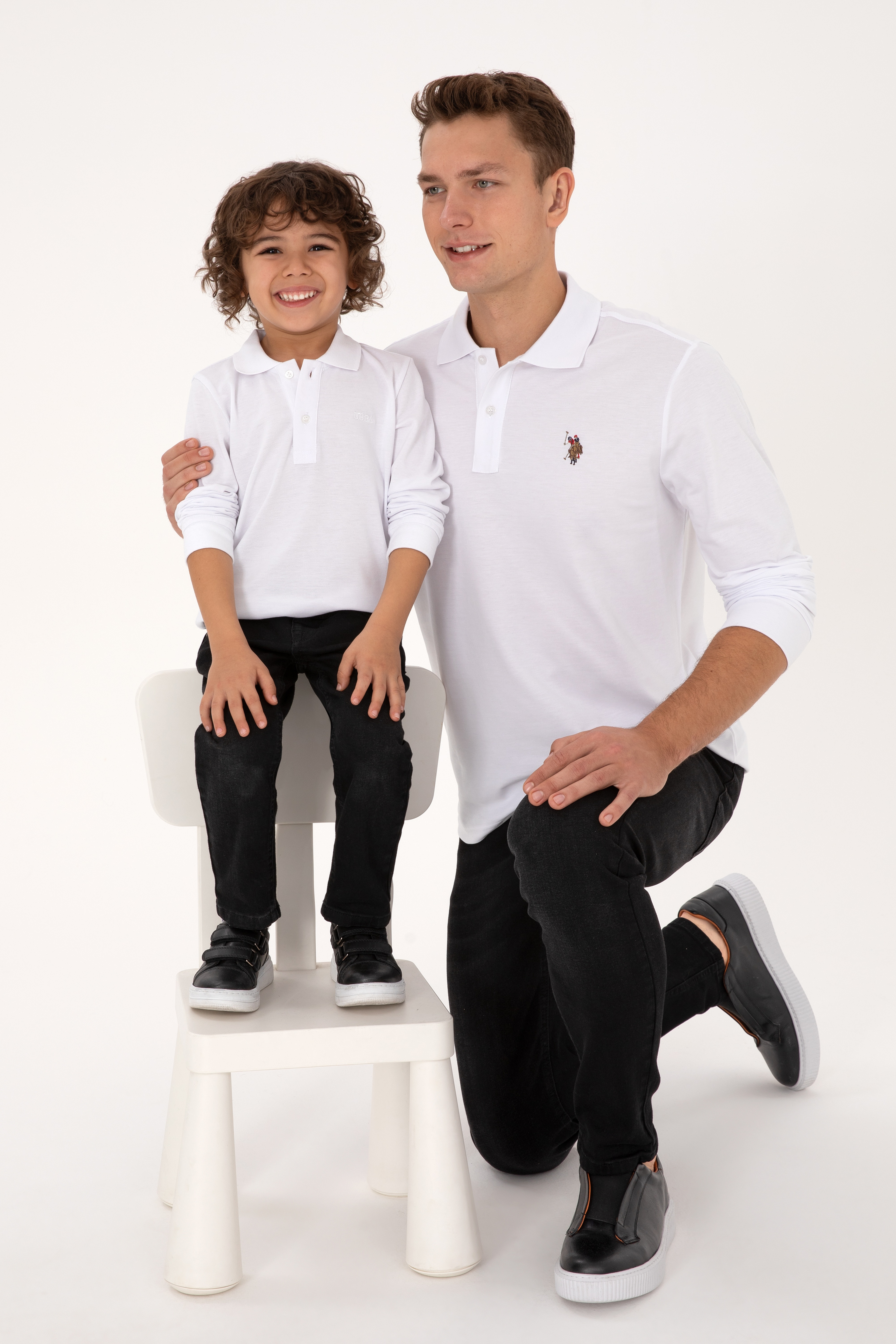 Erkek Çocuk Beyaz Basic Polo Yaka Sweatshirt