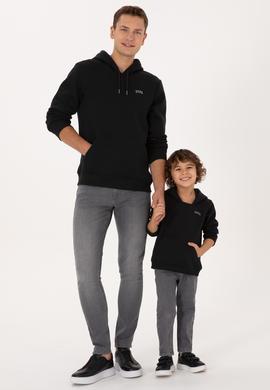 Erkek Regular Fit Kapüşonlu Şardonlu Siyah Basic Sweatshirt - 50315582051