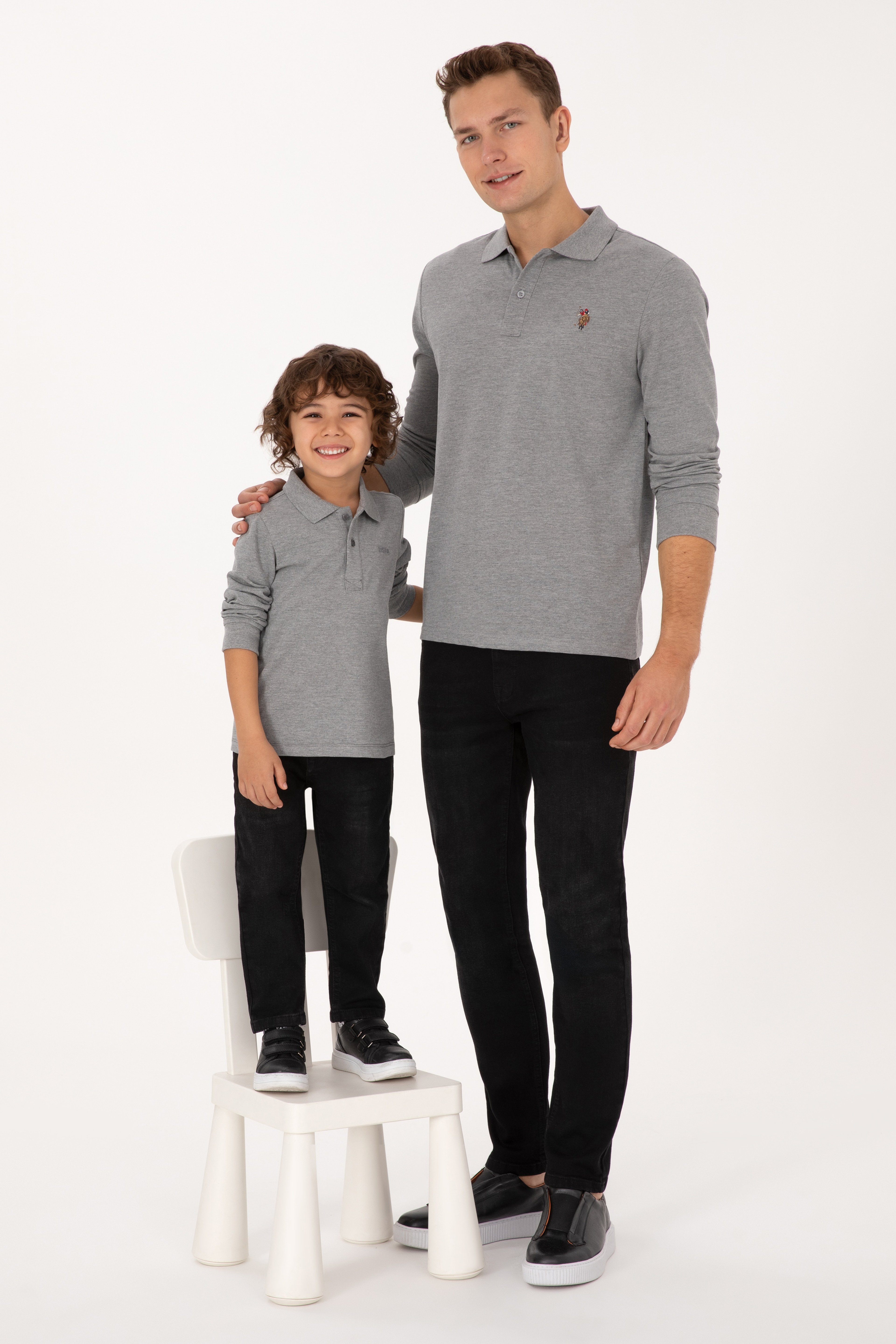 Erkek Regular Fit Polo Yaka Grı Melanj Basic Sweatshirt
