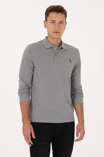 Erkek Regular Fit Polo Yaka Grı Melanj Basic Sweatshirt