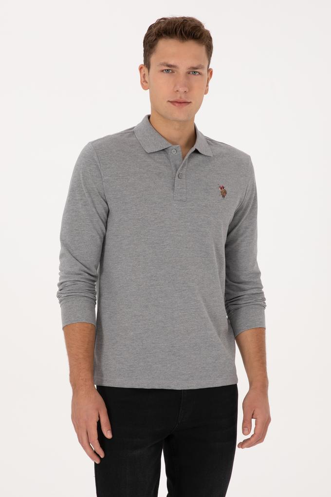 Erkek Regular Fit Polo Yaka Grı Melanj Basic Sweatshirt