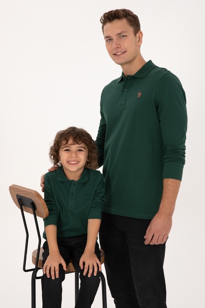 Erkek Çocuk Koyu Yeşil Basic Polo Yaka Sweatshirt