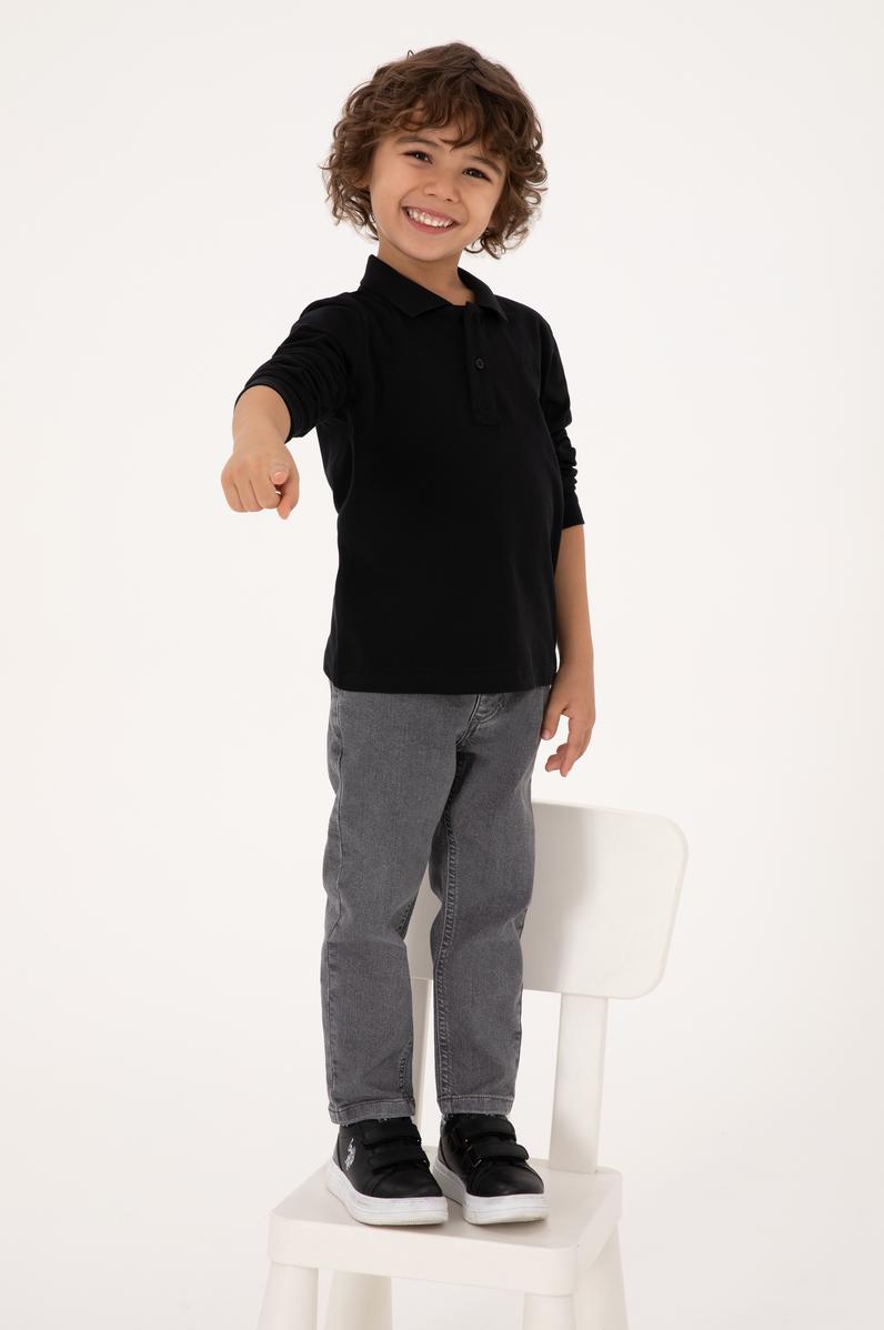 Erkek Çocuk Siyah Basic Polo Yaka Sweatshirt