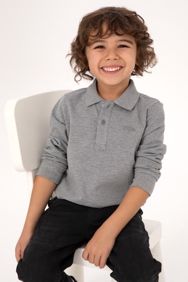 Erkek Çocuk Gri Melanj Basic Polo Yaka Sweatshirt
