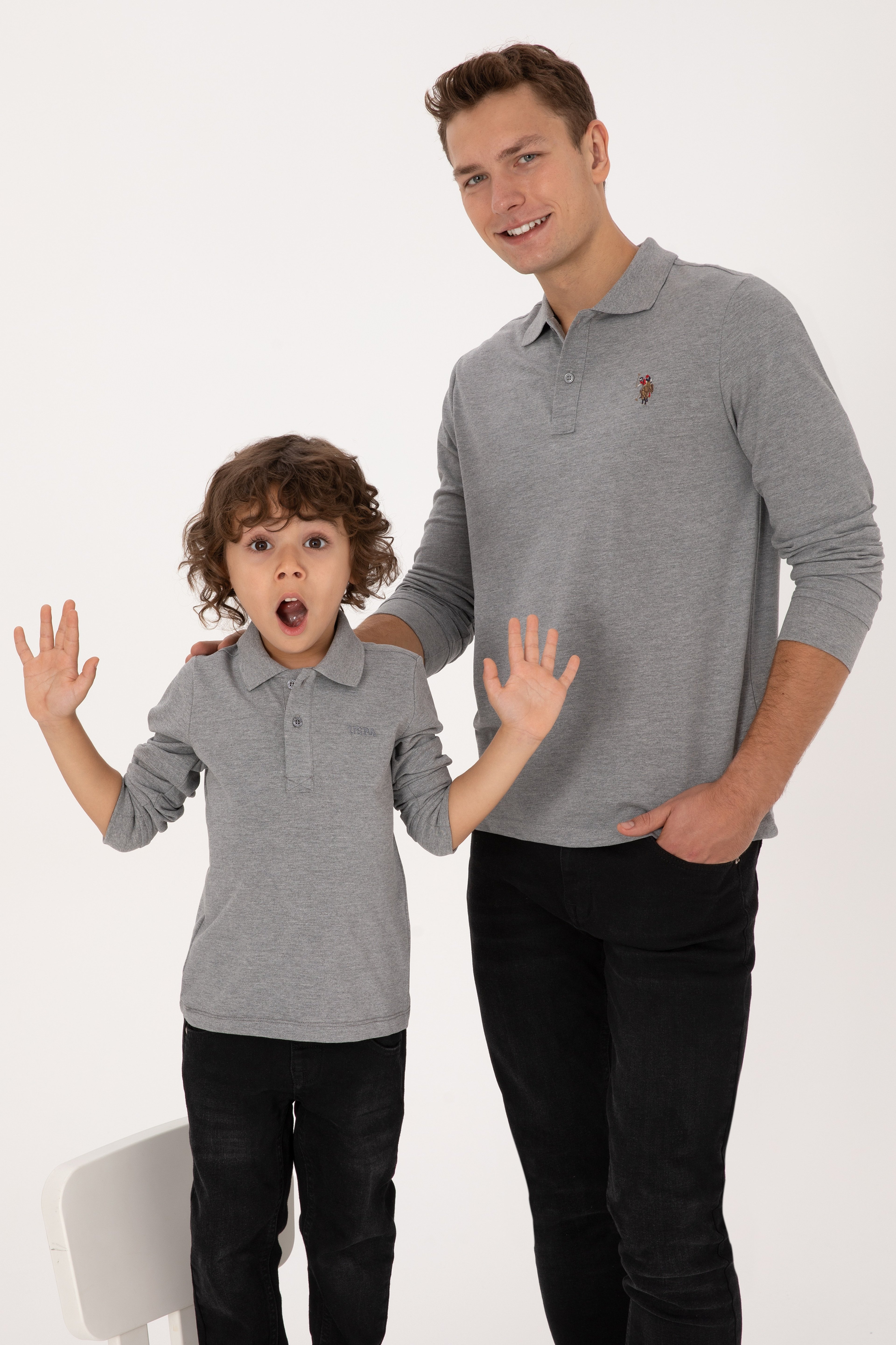 Erkek Çocuk Gri Melanj Basic Polo Yaka Sweatshirt