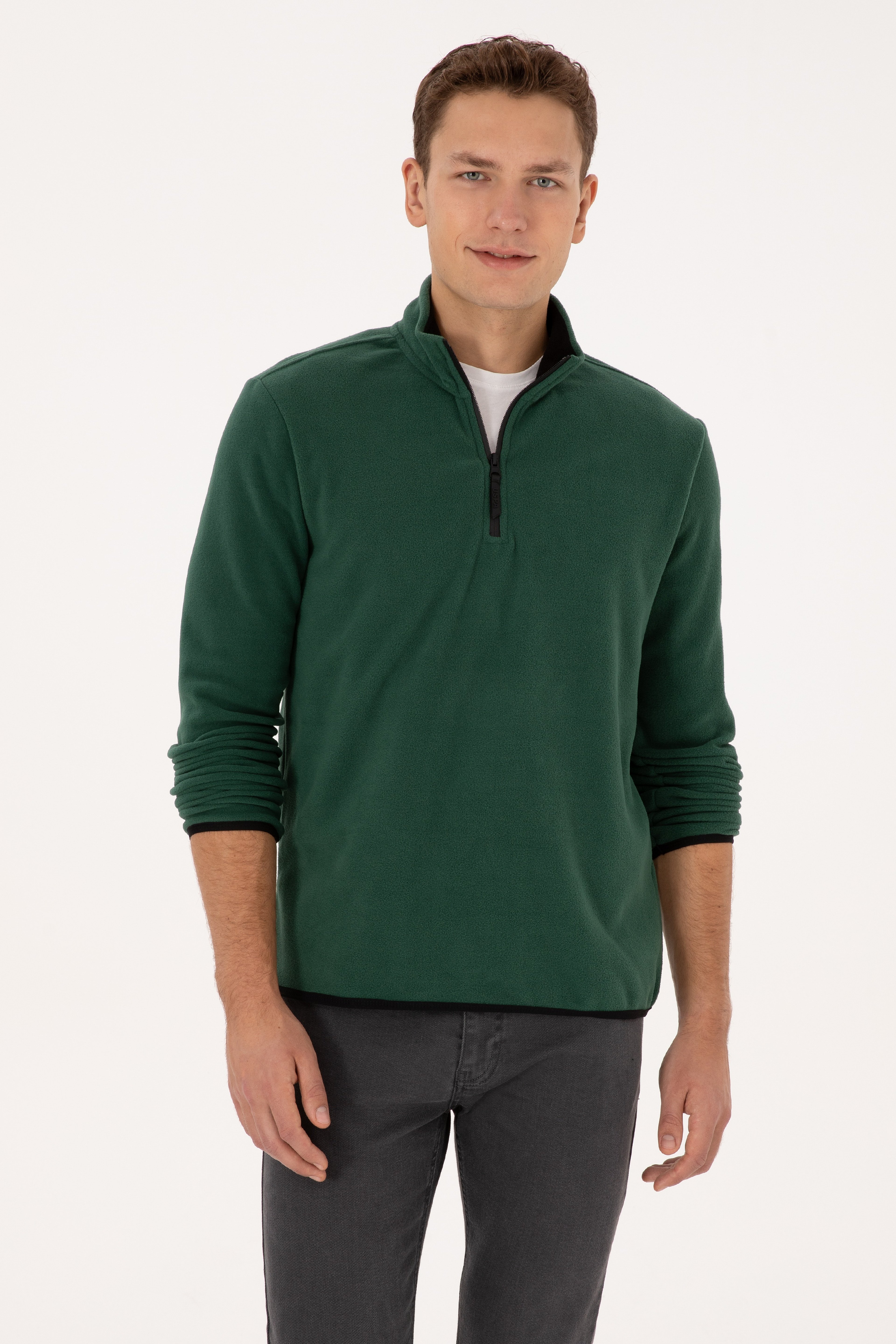 Erkek Regular Fit Koyu Yeşil Polar Yarım Fermuarlı Basic Sweatshirt - Image 1