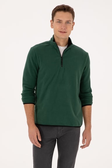 Erkek Regular Fit Koyu Yeşil Polar Yarım Fermuarlı Basic Sweatshirt