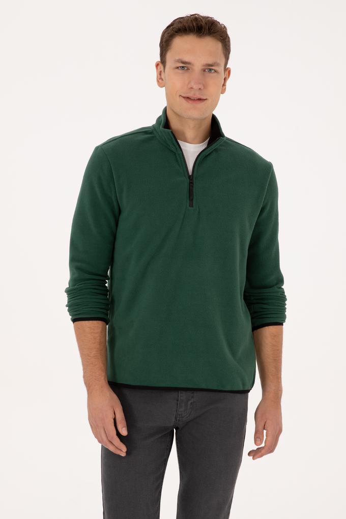 Erkek Regular Fit Koyu Yeşil Polar Yarım Fermuarlı Basic Sweatshirt