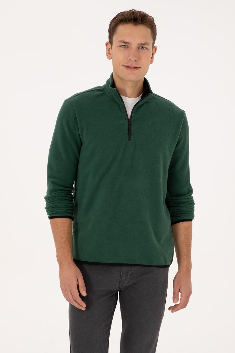 Erkek Regular Fit Koyu Yeşil Polar Yarım Fermuarlı Basic Sweatshirt