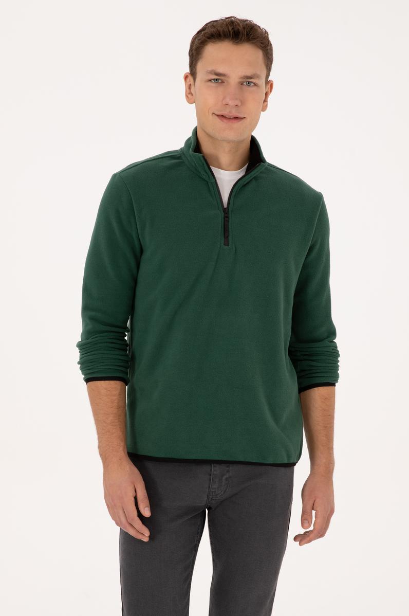 Erkek Regular Fit Koyu Yeşil Polar Yarım Fermuarlı Basic Sweatshirt