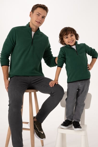 Erkek Regular Fit Koyu Yeşil Polar Yarım Fermuarlı Basic Sweatshirt