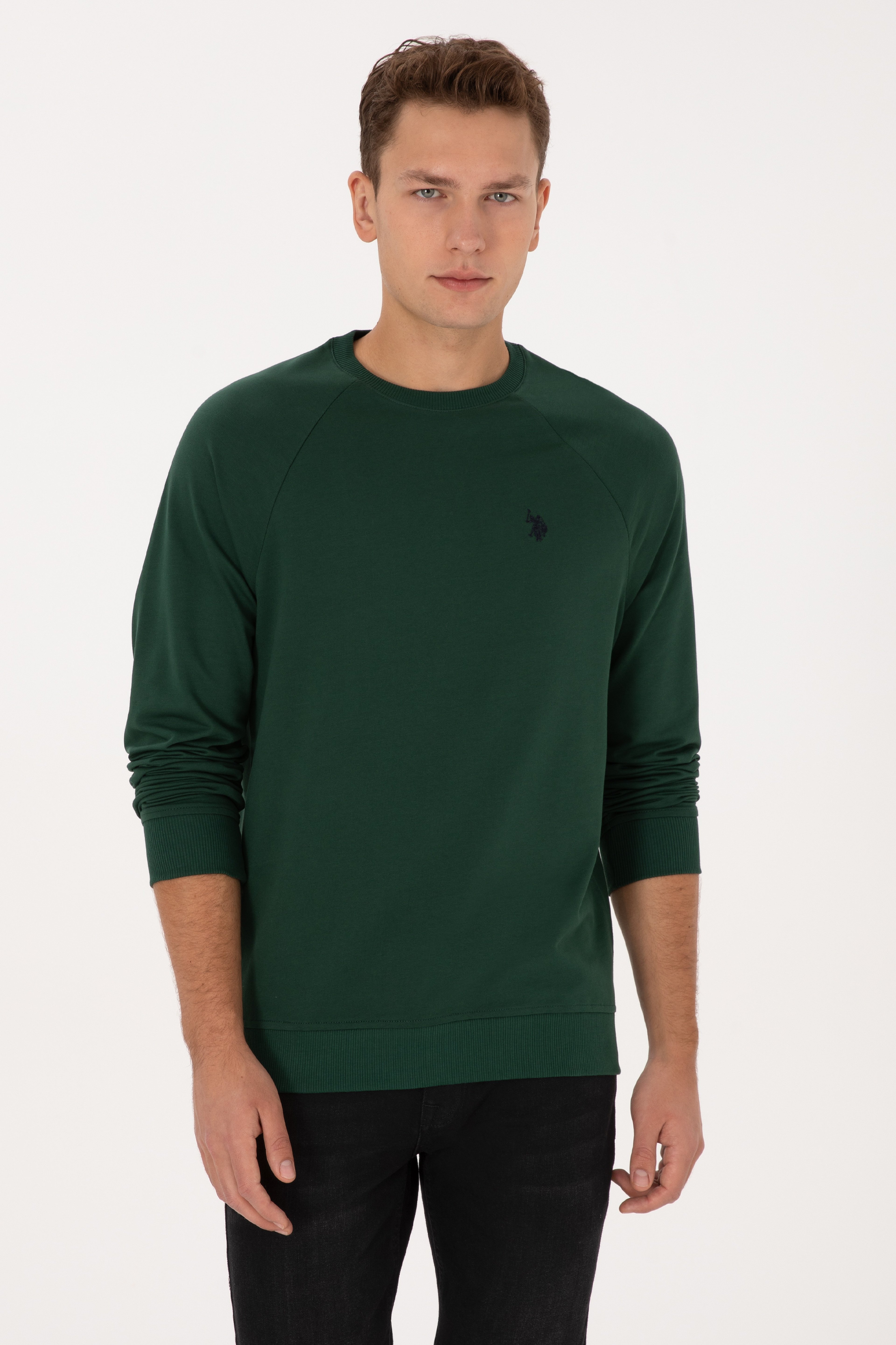 Erkek Regular Fit Bisiklet Yaka Koyu Yeşil İnce Basic Sweatshirt - Image 1