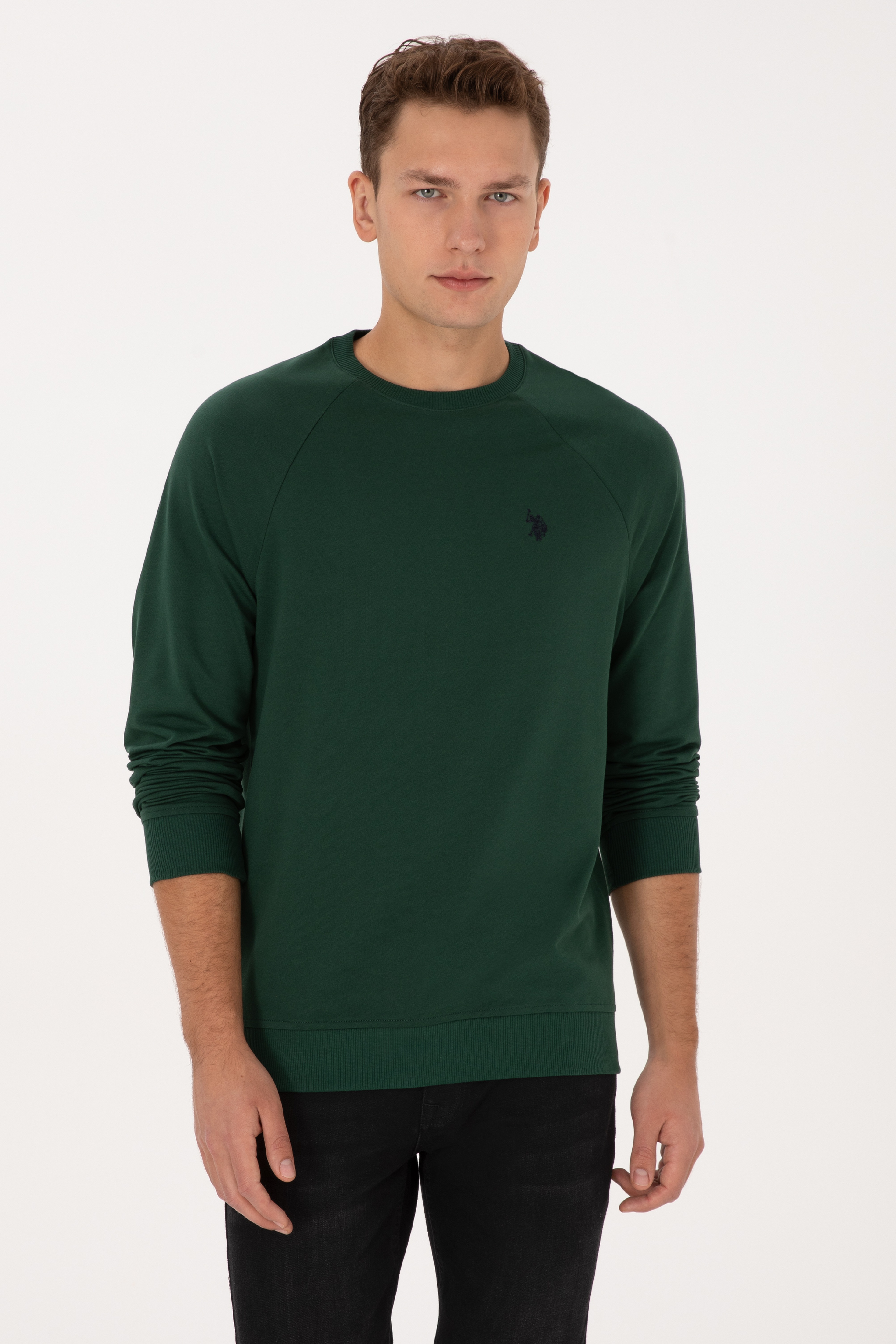 Erkek Regular Fit Bisiklet Yaka Koyu Yeşil İnce Basic Sweatshirt