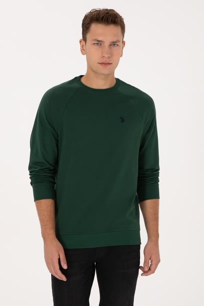 Erkek Regular Fit Bisiklet Yaka Koyu Yeşil İnce Basic Sweatshirt