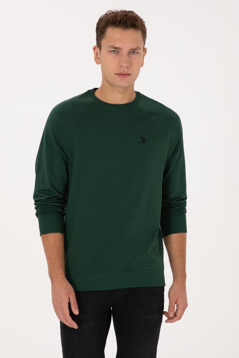 Erkek Regular Fit Bisiklet Yaka Koyu Yeşil İnce Basic Sweatshirt