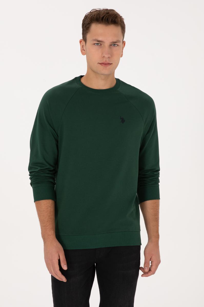 Erkek Regular Fit Bisiklet Yaka Koyu Yeşil İnce Basic Sweatshirt