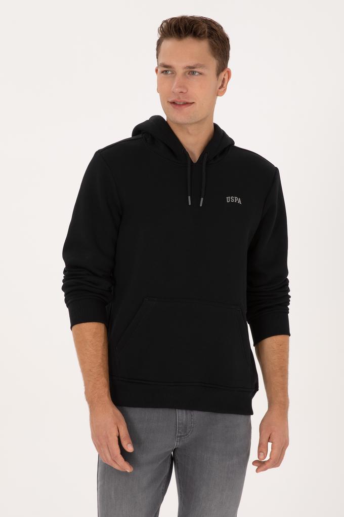 Erkek Regular Fit Kapüşonlu Şardonlu Siyah Basic Sweatshirt