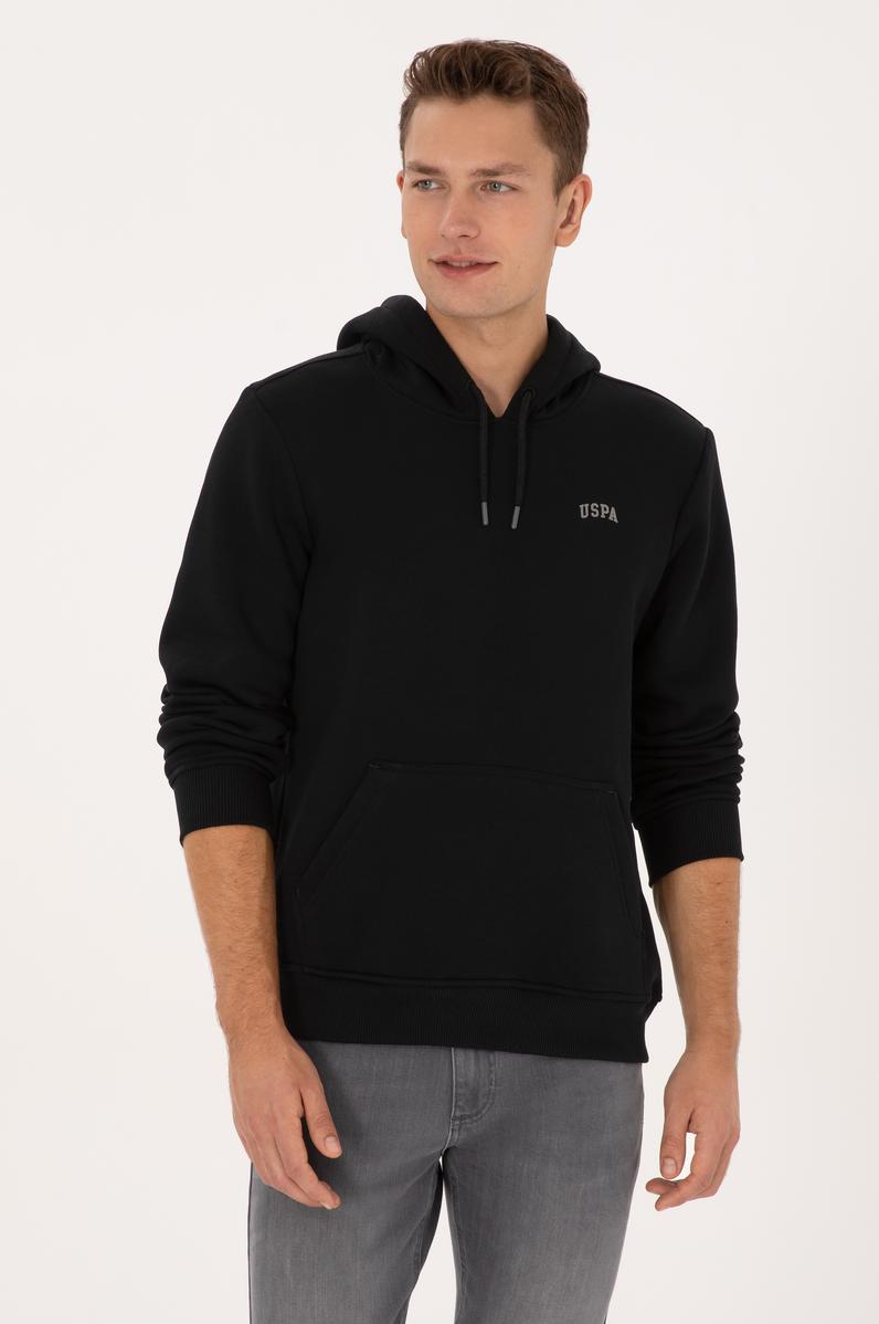 Erkek Regular Fit Kapüşonlu Şardonlu Siyah Basic Sweatshirt