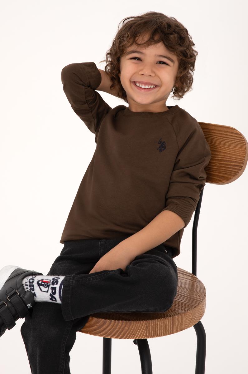 Erkek Çocuk Kahverengi Basic Bisiklet Yaka Sweatshirt
