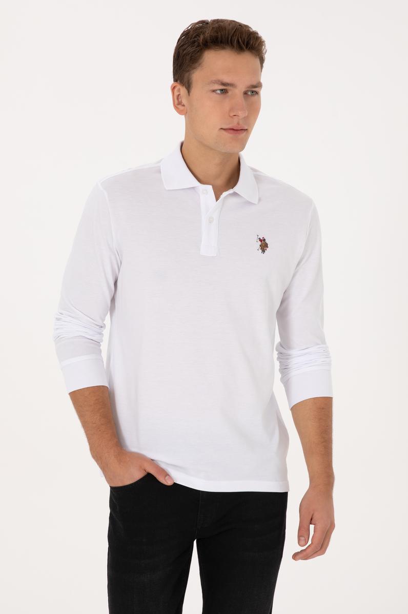 Erkek Regular Fit Polo Yaka Beyaz Basic Sweatshirt