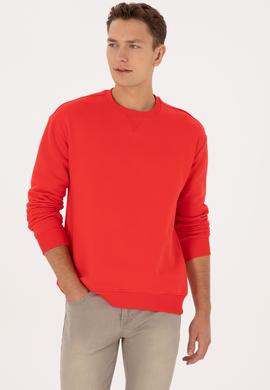 Erkek Comfort Fit Bisiklet Yaka Şardonlu Kırmızı Basic Sweatshirt - 50313757266