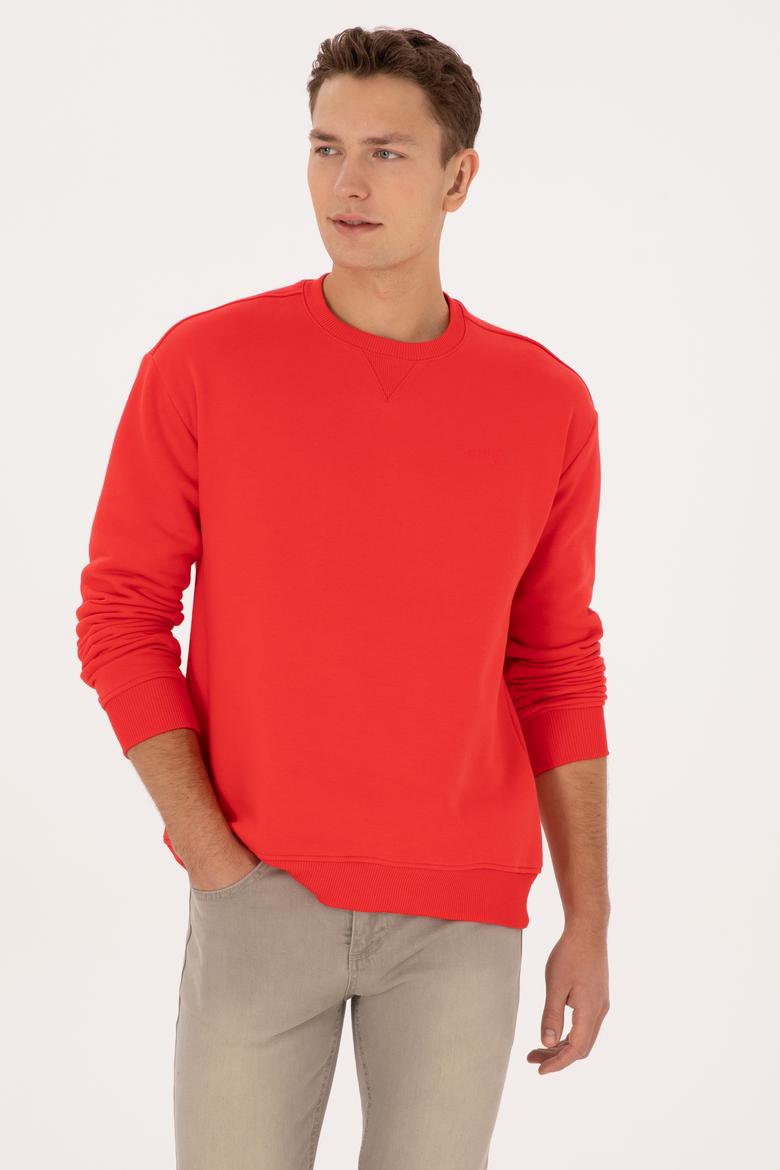 Erkek Comfort Fit Bisiklet Yaka Şardonlu Kırmızı Basic Sweatshirt