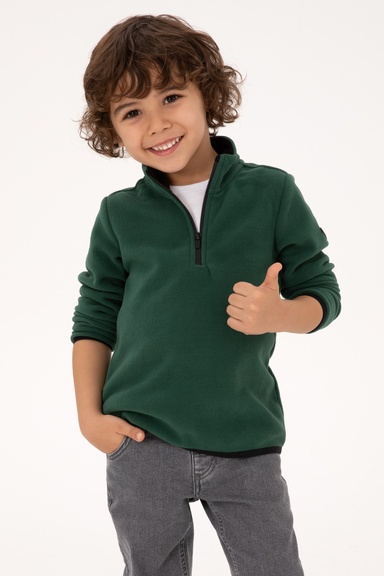 Erkek Çocuk Koyu Yeşil Yarım Fermuarlı Polar Sweatshirt