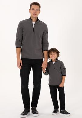Erkek Çocuk Gri Yarım Fermuarlı Polar Sweatshirt - 50313841108