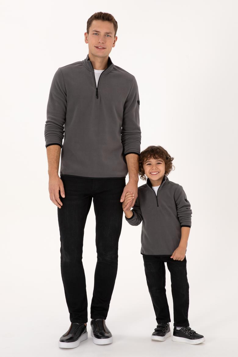 Erkek Çocuk Gri Yarım Fermuarlı Polar Sweatshirt - 50313841108