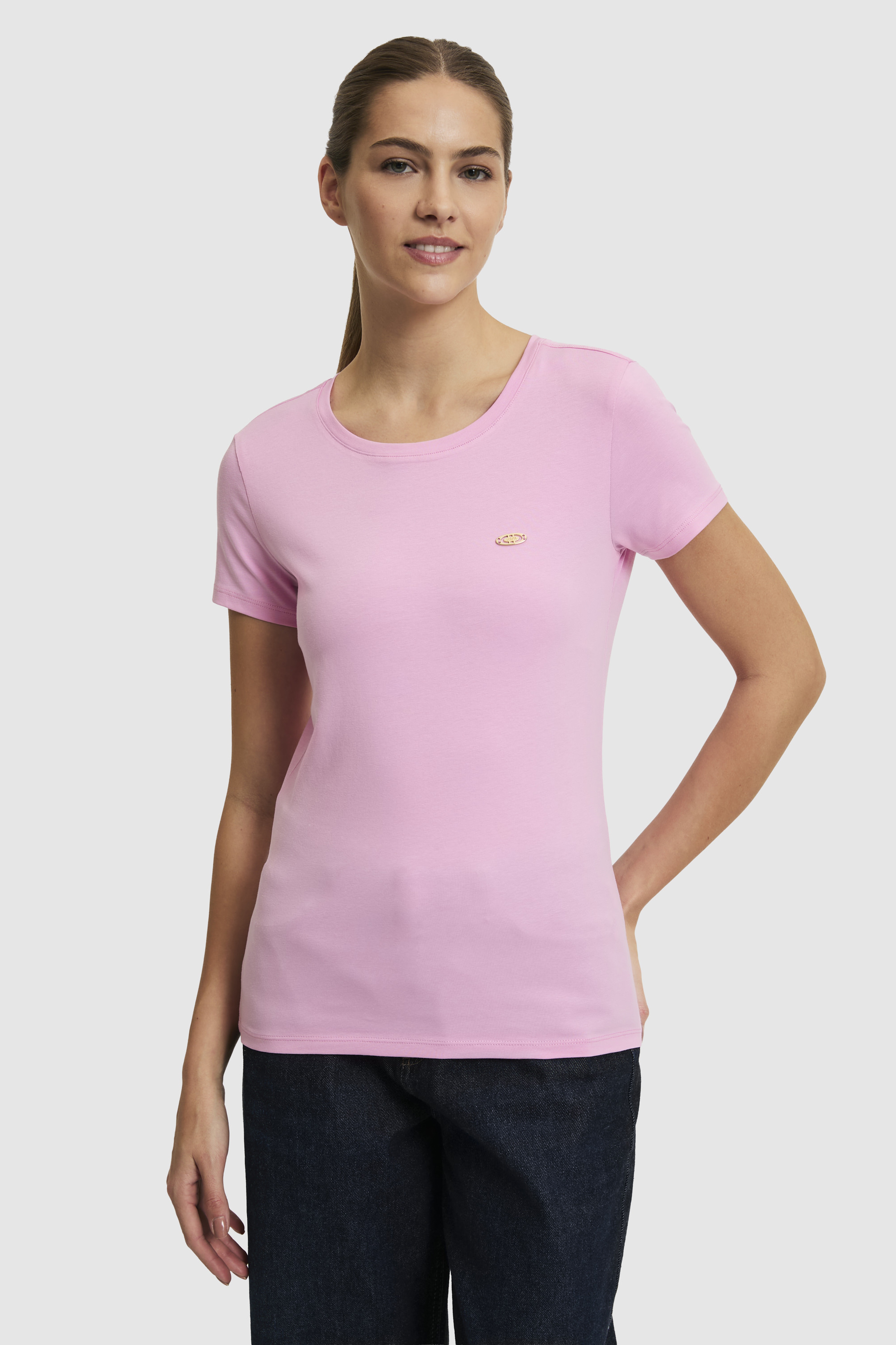 Kadın Pembe Bisiklet Yaka Basic Tişört - Image 3