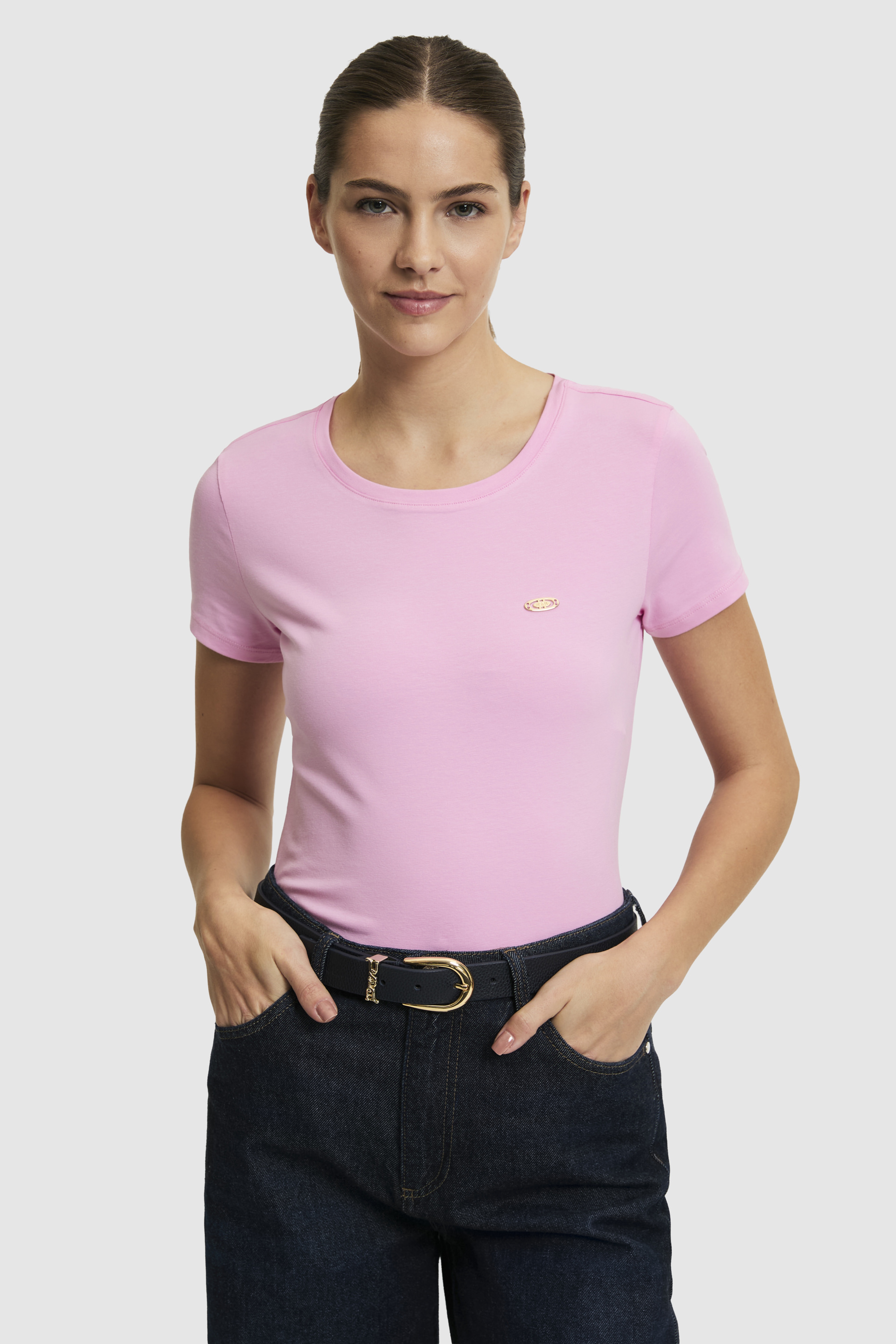 Kadın Pembe Bisiklet Yaka Basic Tişört - Image 1