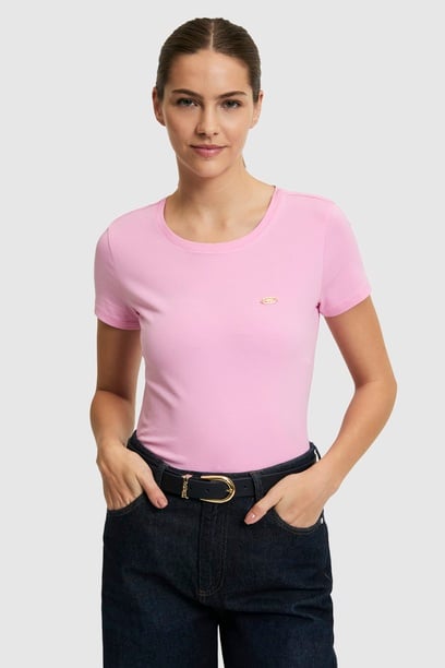 Kadın Pembe Bisiklet Yaka Basic Tişört