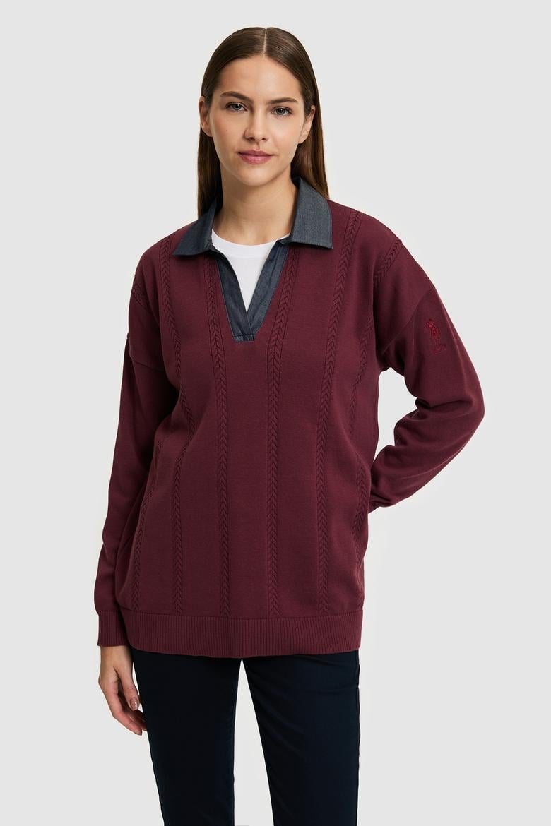 Kadın Bordo Polo Yaka Kazak - 50314661011