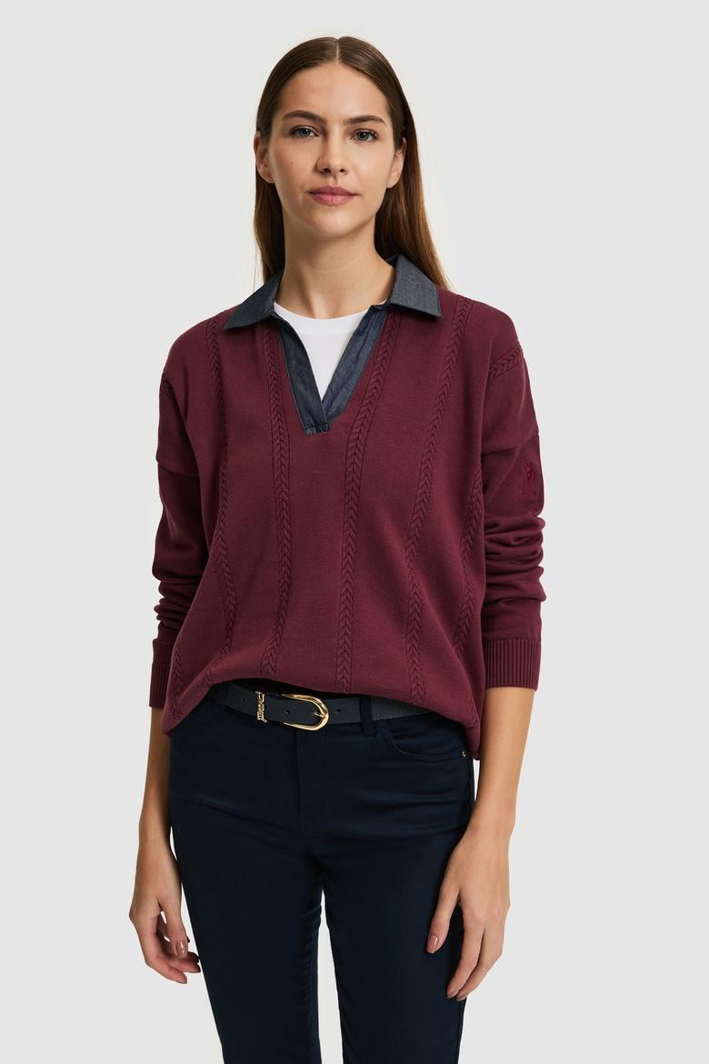 Kadın Bordo Polo Yaka Kazak - 50314661011