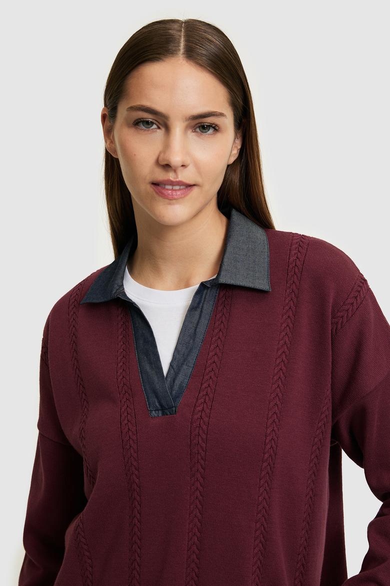 Kadın Bordo Polo Yaka Kazak - 50314661011