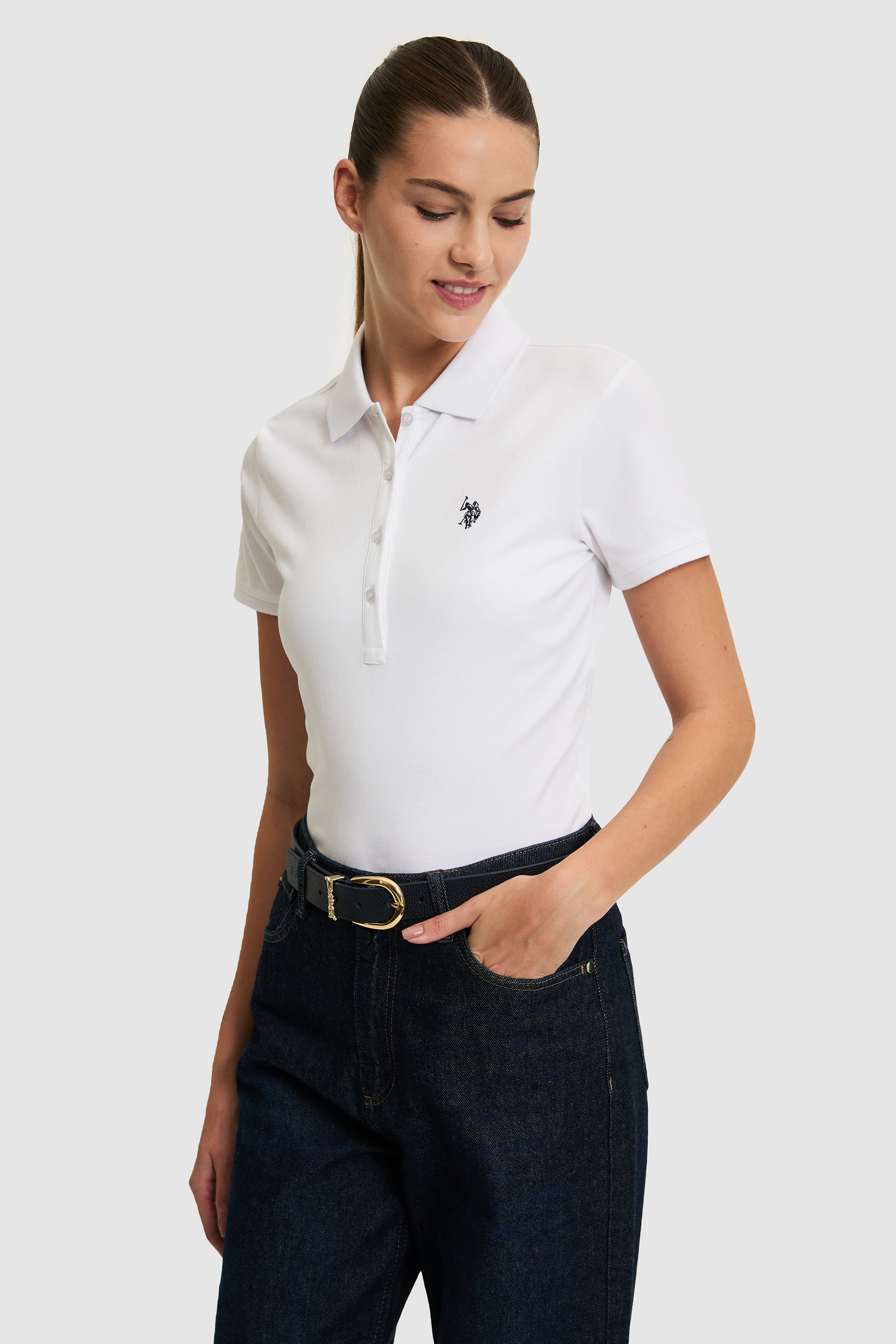 Kadın Beyaz Polo Yaka Basic Tişört