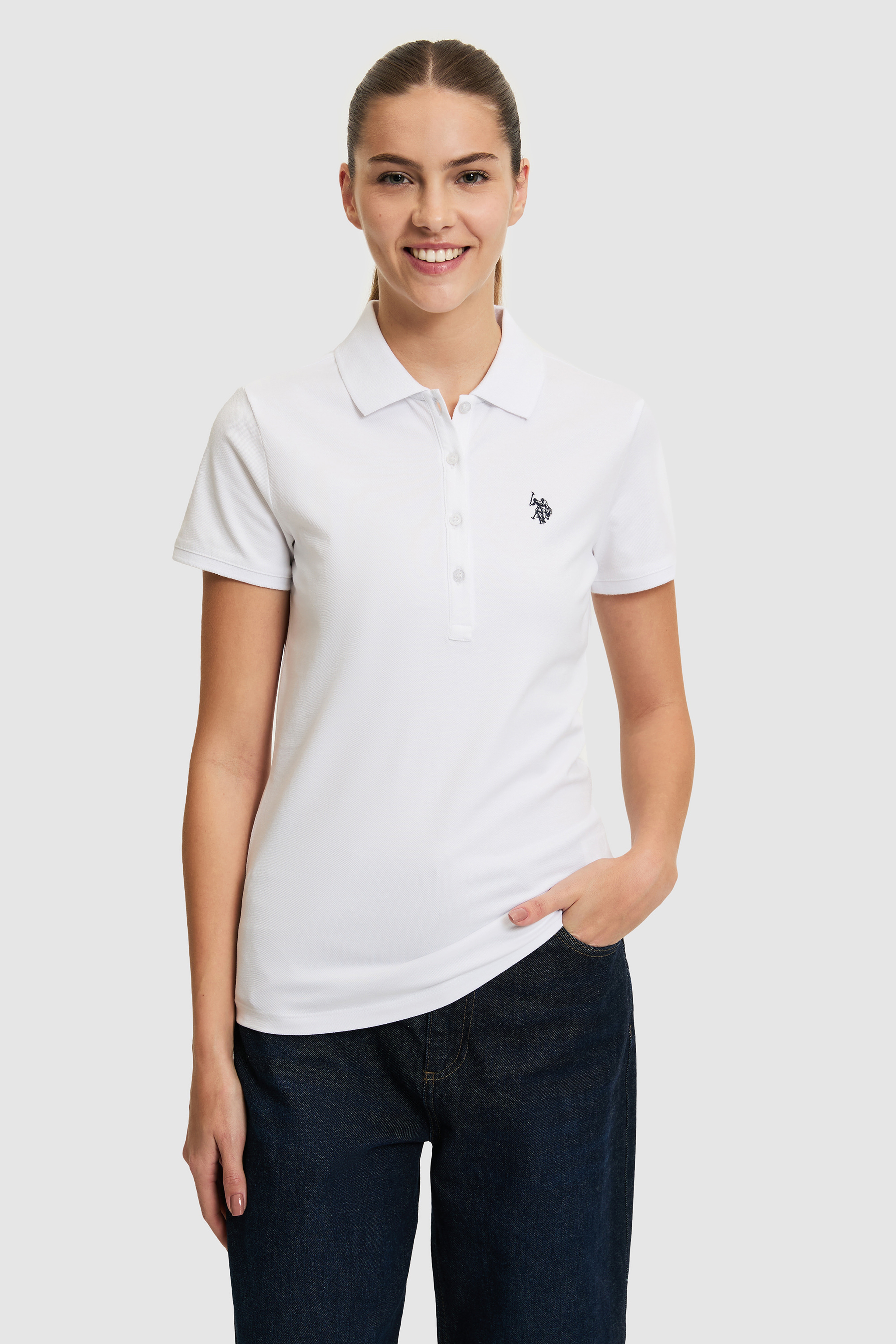 Kadın Beyaz Polo Yaka Basic Tişört - Image 3