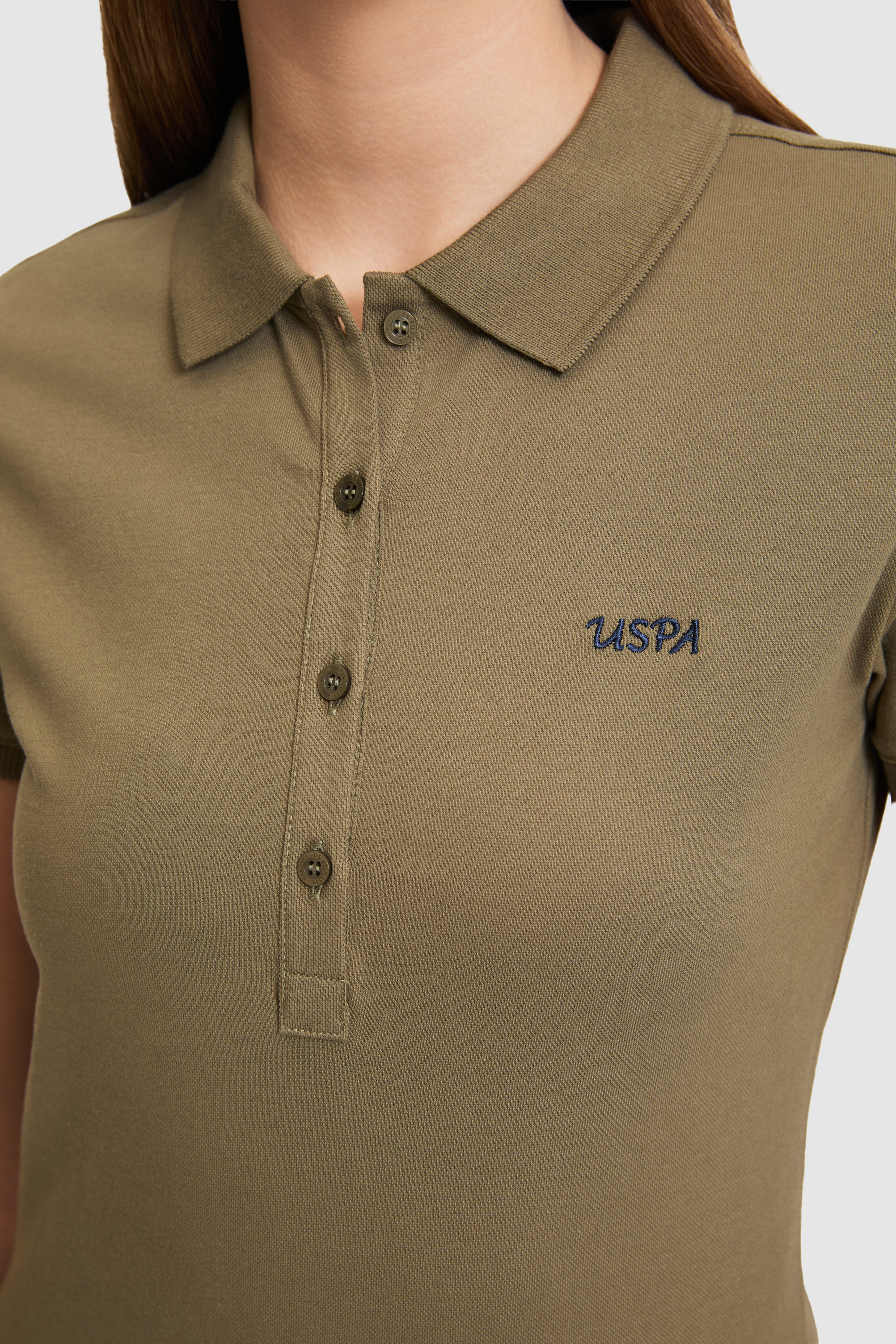 Kadın Haki Polo Yaka Basic Tişört - Image 6