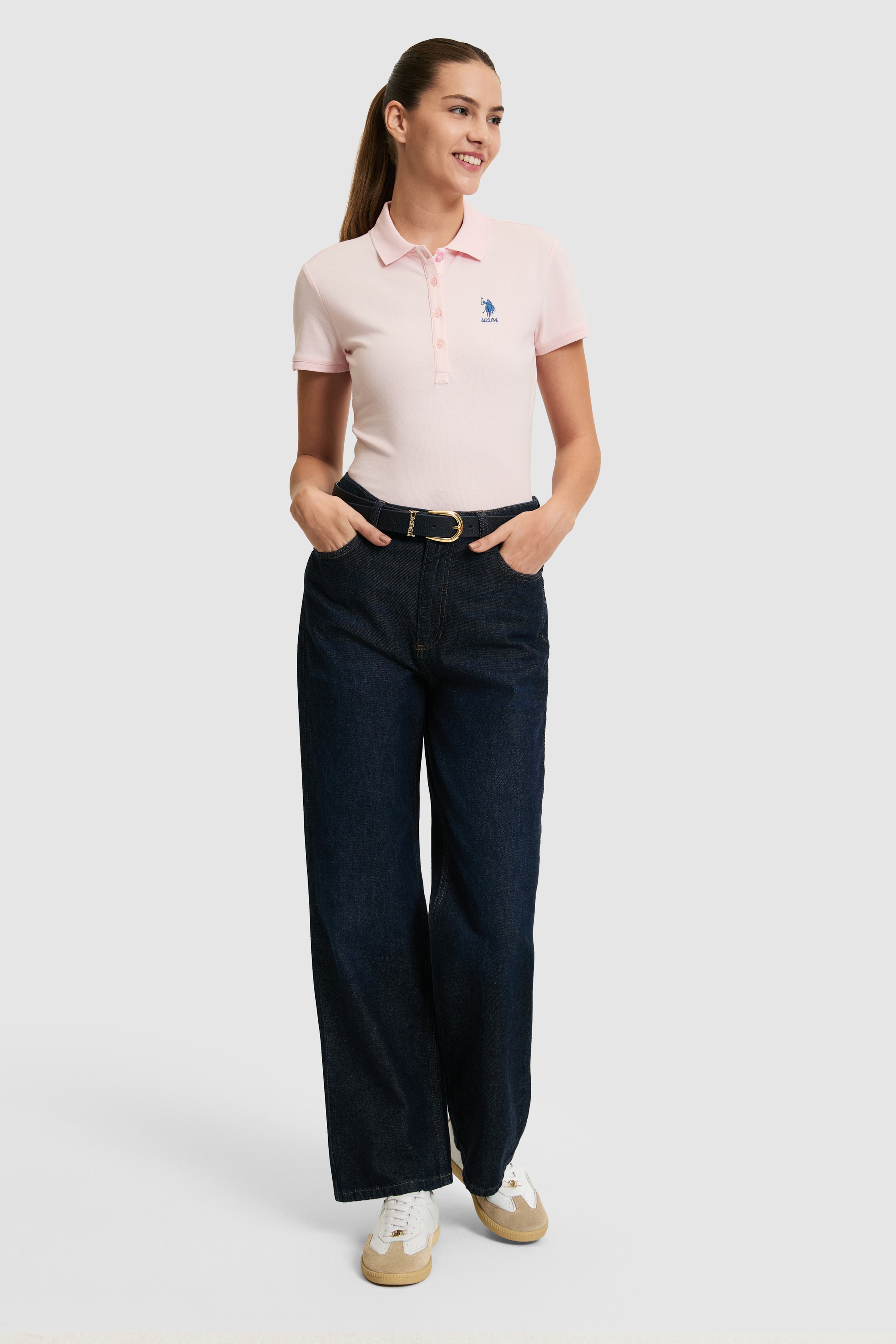 Kadın Açık Polo Yaka Basic Tişört